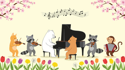 Naklejka premium Polar bear, raccoon, fox, and monkey play a grand piano and violins under cherry blossoms and a field of colorful spring flowers with musical notes.