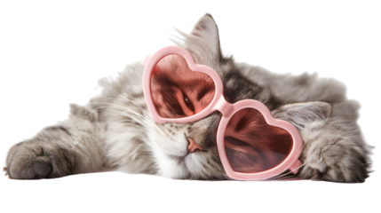 Adorable Fluffy Kitten Wearing Heart Love Sunglasses Lying Down Isolated on White Background, Cute Valentine’s Day Pet Stock Photo