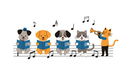 Naklejka premium Group of cute cartoon dogs and cats sitting on a musical staff and performing together by singing and playing the trumpet in a chorus.