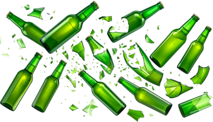 A top-down view of green glass bottles, some shattered, on a black background