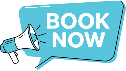 A blue speech bubble with a megaphone and the words BOOK NOW