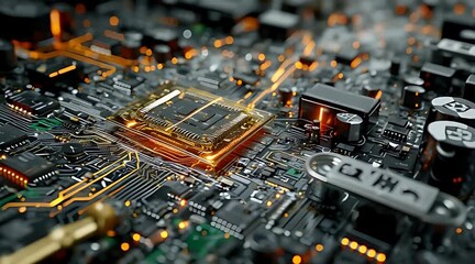 Futuristic circuit board with glowing orange central processor unit and intricate gold electronic pathways - Powered by Adobe
