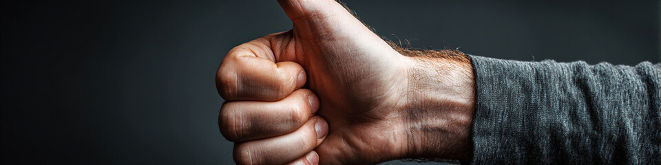 Fototapeta premium A person's hand showing a thumbs up gesture against a dark background