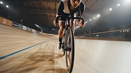 Cyclist in Action - Intense Track Cycling Race in Velodrome.