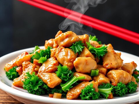 Vector illustration of crispy pork stir-fried with kale, a popular Thai dish,  pad kana moo krob, thai street food