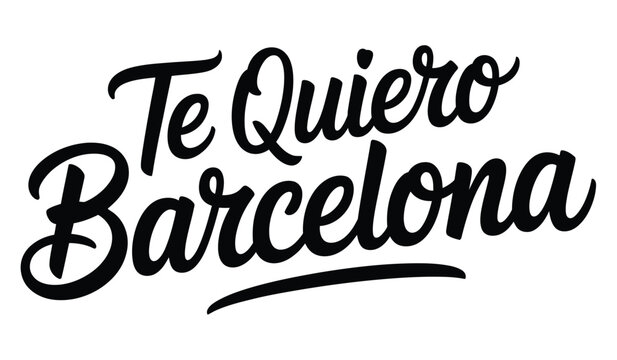 A stylized text graphic with the phrase Te Quiero Barcelona written in black cursive font on a white background.
