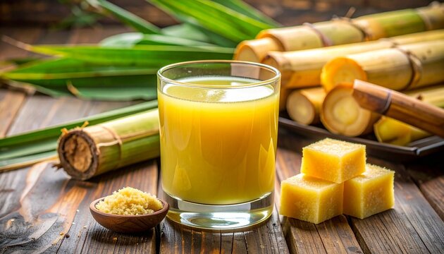 "Glass of sugarcane juice with stalks and jaggery cubes on wooden surface."