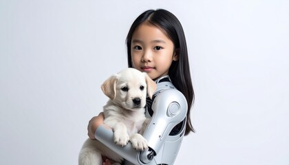 Young Girl Holding Robotic Puppy in Futuristic Setting