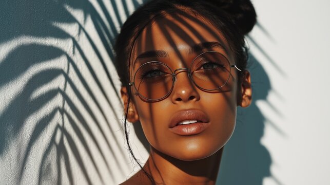 Stunning fashion portrait of a beautiful young woman wearing round sunglasses with artistic palm leaf shadows cast over her face, representing tropical summer style, luxury vacation.