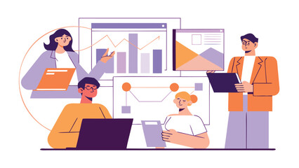 Fototapeta premium Diverse team collaborating with laptops and data analysis in modern office