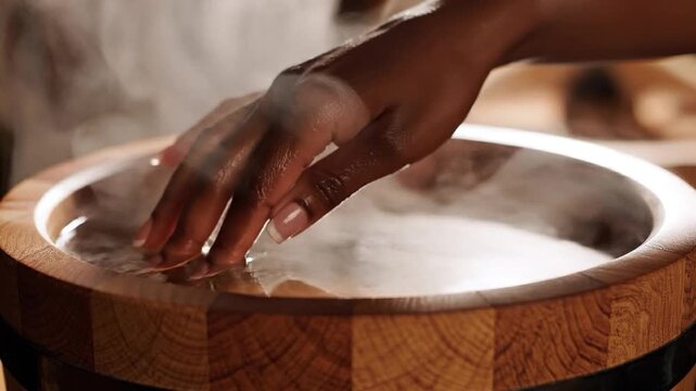 Female hand gently dipping into warm steaming water in a wooden barrel for a spa wellness and self-care concept with tranquil atmosphere