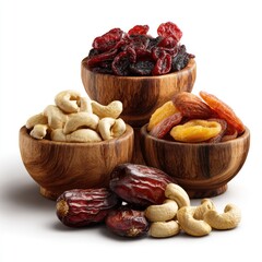 Assorted dried fruits and nuts in wooden bowls, closeup