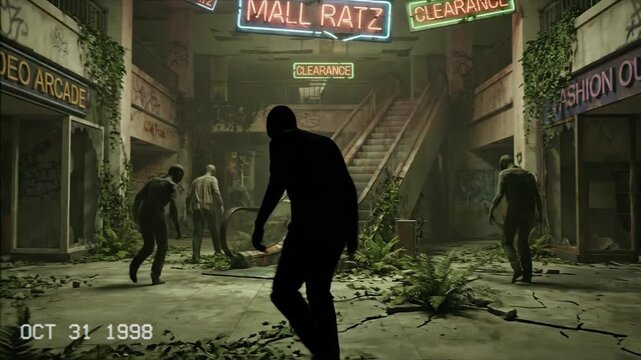 Post apocalyptic mall on Halloween with zombies walking. Decay in abandoned shopping center. Halloween footage.
