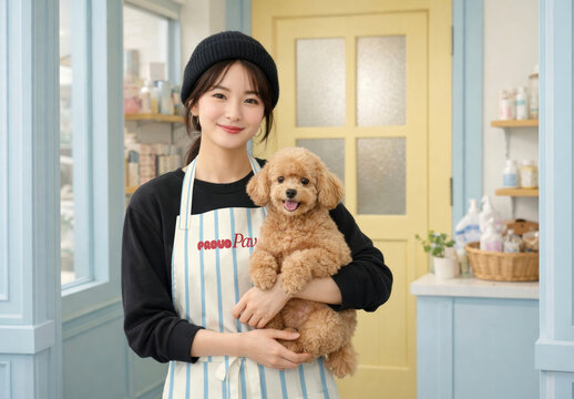 Smiling Woman In Apron Mockup Holding Poodle PSD