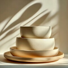Stacked bowls and plate, textured, neutral hues, shadow play