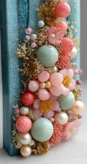 Blue textured pillar decorated with floral, pearl, bead elements