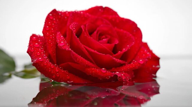 A deep red rose with water drops on its petals