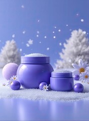 Purple jars & spheres amidst snowy trees and daisy backdrop