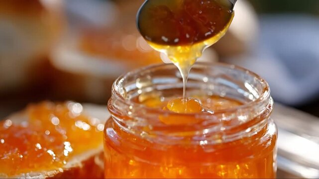 Spooning jam from a glass jar onto toast, showing viscous texture and delicious breakfast or snack footage