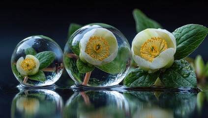 White blossoms in clear spheres reflect on dark surface