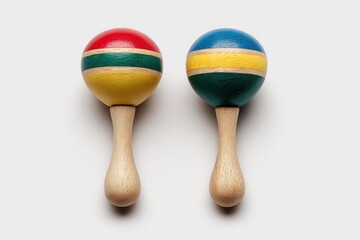 Two colorful, striped, wooden maracas on white