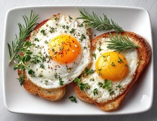 Sunny eggs-in-toast with herbs on square white plate