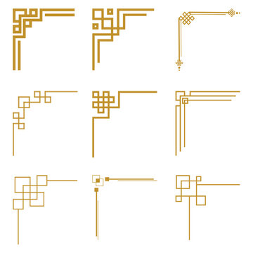 Gold geometric corner frame set. Vector luxury linear angle borders for Chinese New Year certificate or card decoration