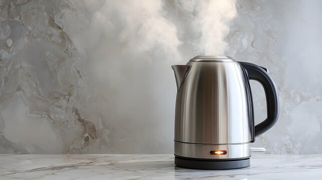 Electric Kettle Steaming on Marble Countertop: A Modern Kitchen Appliance Ready for Boiling Water and Making Hot Beverages, Featuring a Sleek Stainless Steel Design