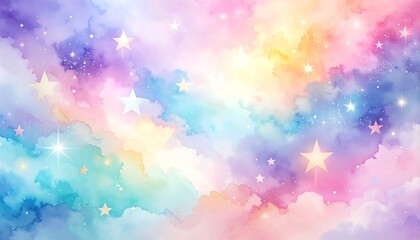 Dreamy pastel sky with stardust and clouds, watercolor style; soft, whimsical, and colorful