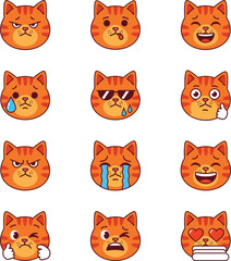 Obraz premium Collection of cartoon cat emoticons expressing various emotions like sadness, happiness, and coolness