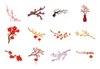 Blooming plum blossom branch collection. Vector pink sakura flowers and vases for Chinese Spring Festival decoration © nguyenhuu