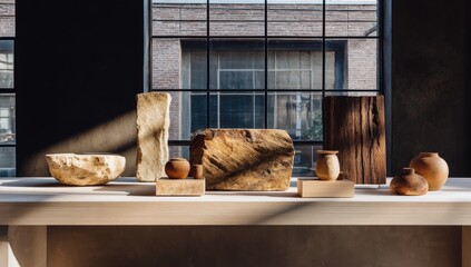 Rustic stone & wood objects sit on table, light & shadows