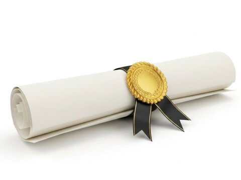 Certificate scroll with gold seal and black ribbon isolated on white background