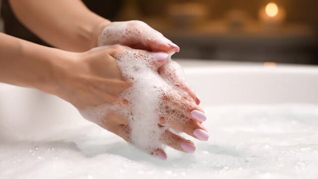 Hands hold fluffy white bubbles cascading into bath