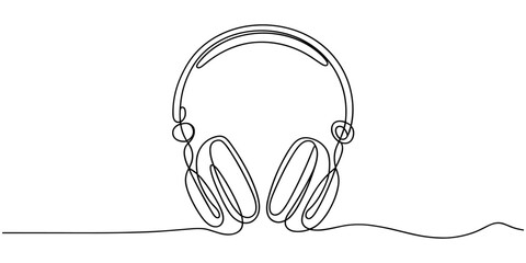 minimal continuous line art illustration of headphones with sound wave, one line drawing symbolizing music, audio, podcast, listening, streaming and modern sound technology