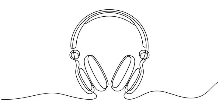 minimal continuous line art illustration of headphones with sound wave, one line drawing symbolizing music, audio, podcast, listening, streaming and modern sound technology - Powered by Adobe