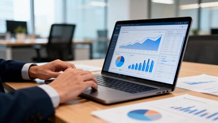 Person working on laptop with data charts