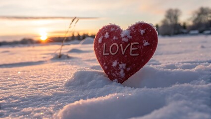 Red heart covered in snow with beautiful sunset background, symbolizing love
