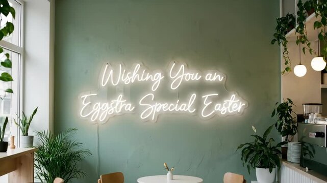 Neon sign wishing an Eggstra Special Easter in a cafe with plants. Holiday greeting for an event. Footage.