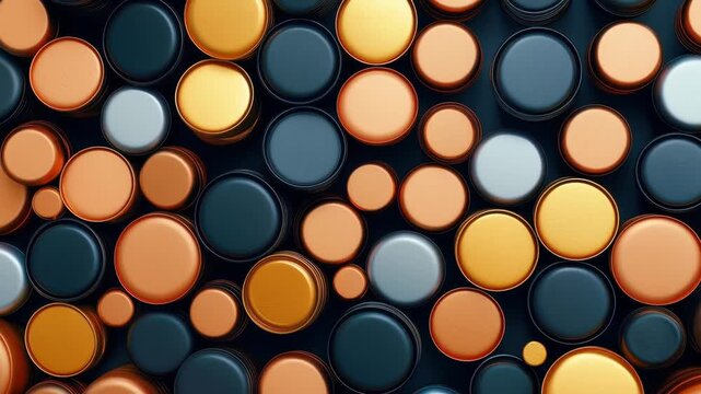 Colorful round metal container cans stacked with gold, copper, and blue lids creating shiny, vibrant, and elegant abstract pattern design background