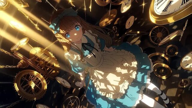 Fantasy Alice in Wonderland Style Girl Surrounded by Floating Clocks

