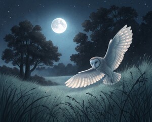 Barn Owl in Silent Flight Across a Moonlit Meadow with Starry Sky