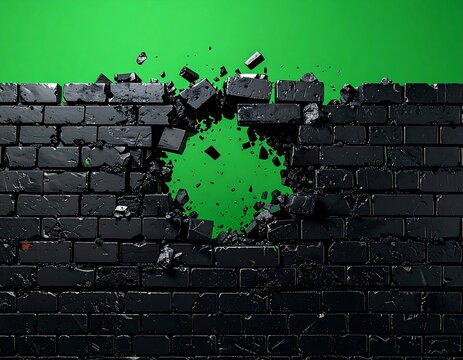 Dark brick wall explodes open to vibrant green. Fragments scatter around the newly formed hole in the wall