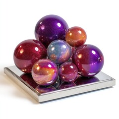 Shiny spheres on square base, colorful reflective surface