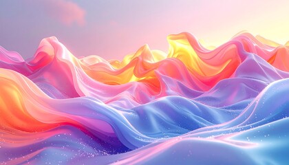 Colorful, wavy landscape. Blue, pink, orange, and yellow layers cascade against a light sky, creating an ethereal feel