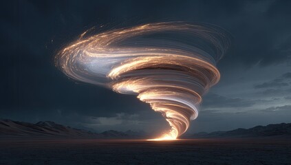 Glowing tornado on a barren plain under a dark sky