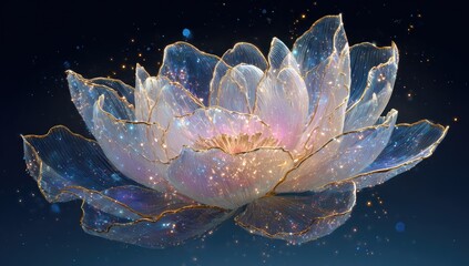 Ethereal lotus flower with glowing particles on dark blue