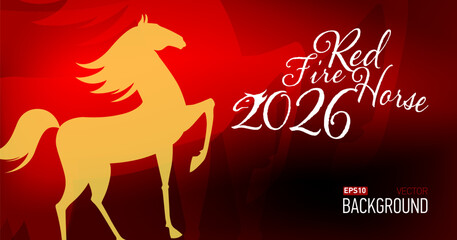 New year card for new 2026 year with red fire horse. Bokeh lights, festive atmosphere. Realistic vector. New year lettering.