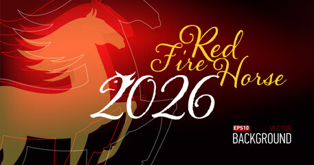 New year card for new 2026 year with red fire horse. Bokeh lights, festive atmosphere. Realistic vector. New year lettering.