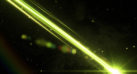 Vibrant green light beam illuminating dark space with stars